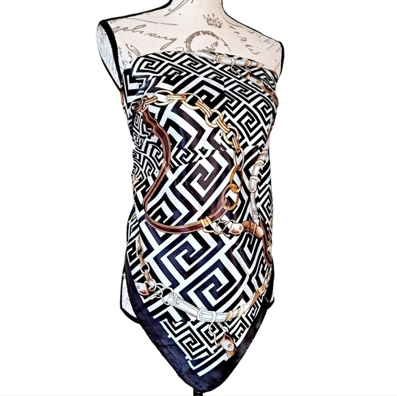 Satin square scarf Equestrian bridle Horse black white retro hair neck 💖2/$30 - Picture 9 of 14